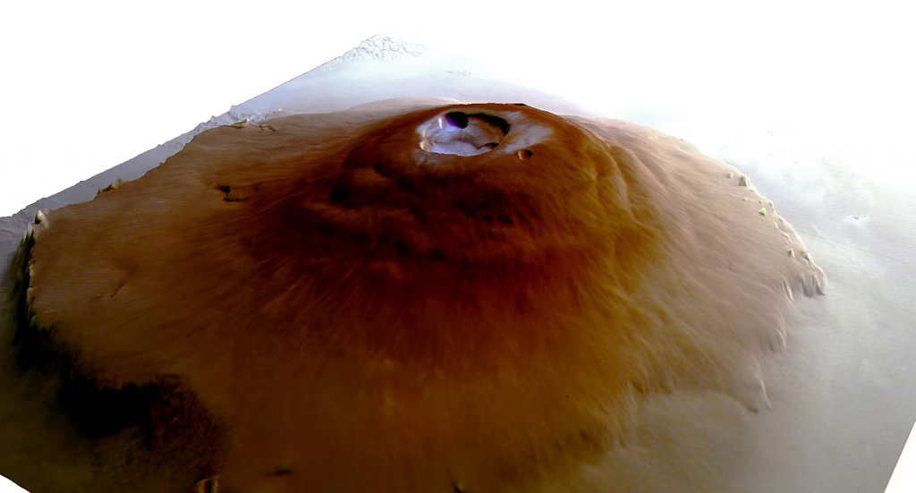 Pohľad z perspektívy na štítovú sopku Olympus Mons s využitím snímok zo sondy Mars Express.