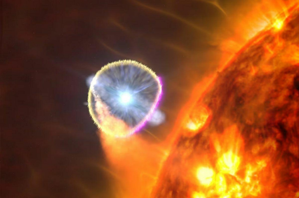 Biely trpaslík vo hviezde V407 Cygni súhvezdia labute na ilustrácii, ktorá zobrazuje, jeho výbuch ako nova v roku 2010. FOTO: Nasa‘s Goddard Space Flight Center/s. Wiessinger