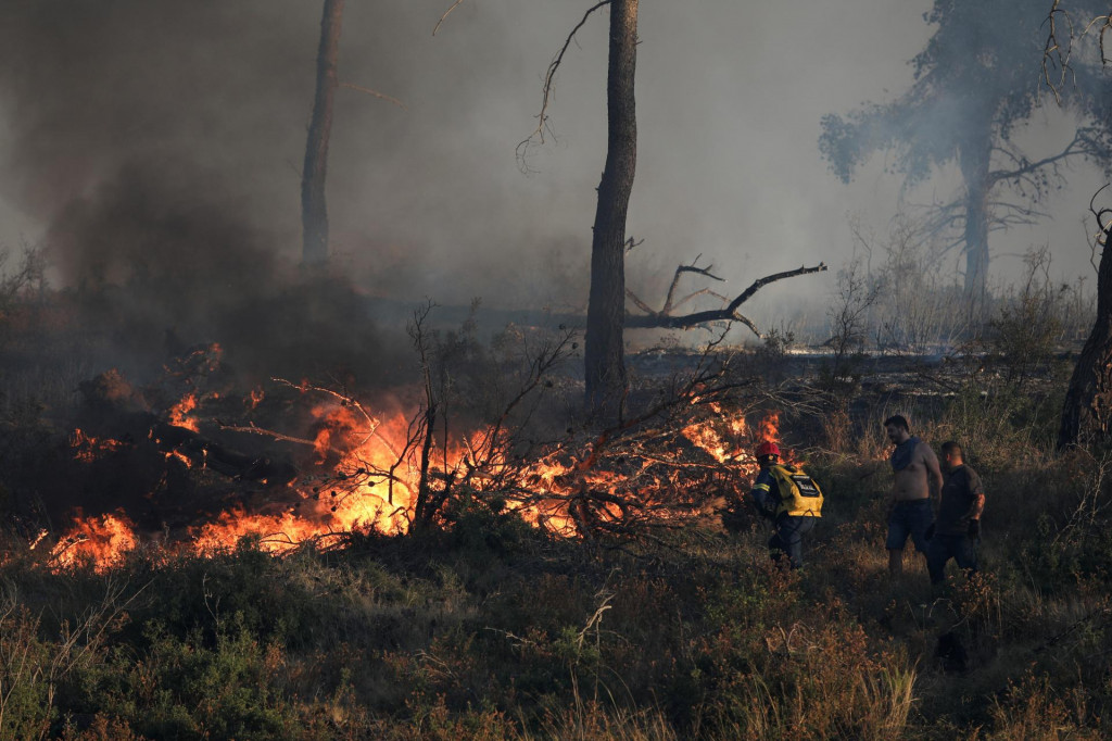 Hasič a dobrovoľníci sa pokúšajú uhasiť lesný požiar v meste Stamata neďaleko Atén. FOTO: Reuters