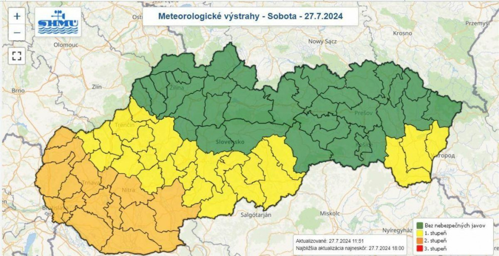 Meteorologické výstrahy na sobotu. Zdroj: SHMÚ