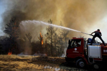 Hasič hasí niekoľko hektárov lesa. FOTO: Reuters