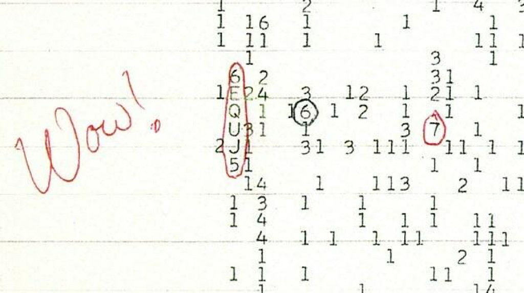 Sken výpisu z radioteleskopu Big Ear s poznámkou astronóma Jerryho R. Ehmana.