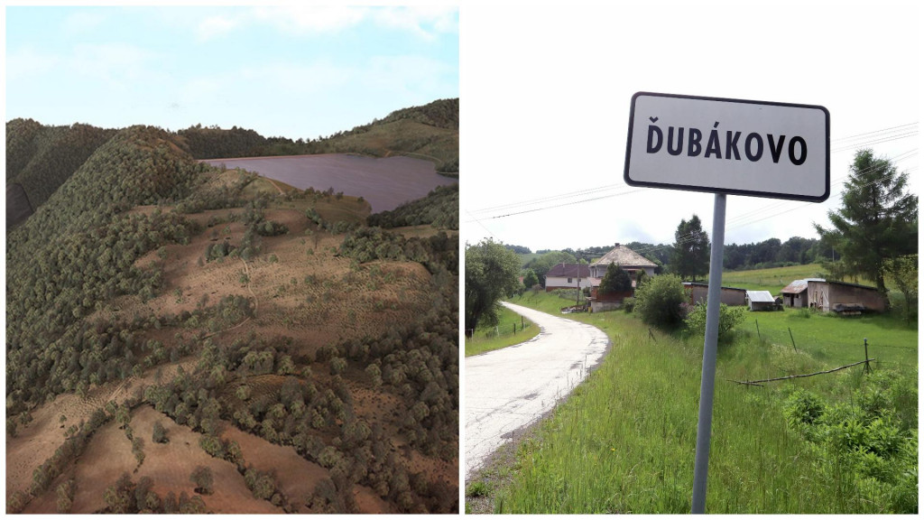 Starší návrh vodnej elektrárne Ipeľ a obec Ďubákovo, ktorá bude zámerom zatopená. FOTO: Vodotika, TASR, koláž HN