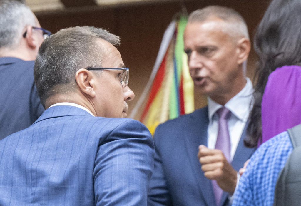 Minister pr&aacute;ce, soci&aacute;lnych vec&iacute; a rodiny Erik Tom&aacute;&scaron; a minister invest&iacute;ci&iacute;, region&aacute;lneho rozvoja a informatiz&aacute;cie Richard Ra&scaron;i. FOTO: TASR/Martin Baumann