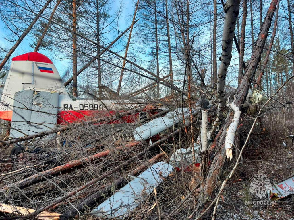 Trosky osobného a nákladného lietadla Antonov-3 ležia medzi stromami po havárii pri pristátí na mieste označenom ako Olyokminsky okres. FOTO: Reuters