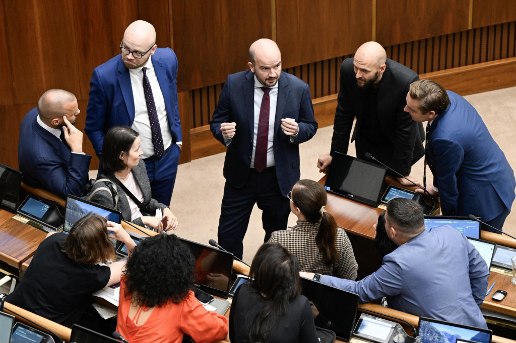 Na snímke uprostred v pozadí predseda poslaneckého klubu z opozičného hnutia Progresívne Slovensko Martin Dubéci. FOTO: TASR/Pavel Neubauer