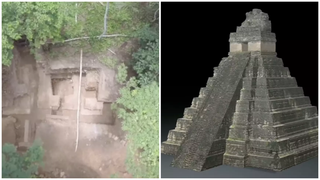 K objaveniu tejto oblasti bol použitý laserový prieskum pomocou technológie Lidar./Vizualizácia mayskej pyramídy.