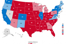 Aktuálny stav sčítavania hlasov v USA. Modrá reprezentuje kandidátku Demokratov Kamalu Harrisovú a červená kandidáta Republikánov Donalda Trumpa. FOTO: AP