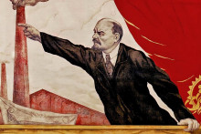 Vladimir Iľjič Lenin na propagandistickom plagáte zo sovietskej éry.