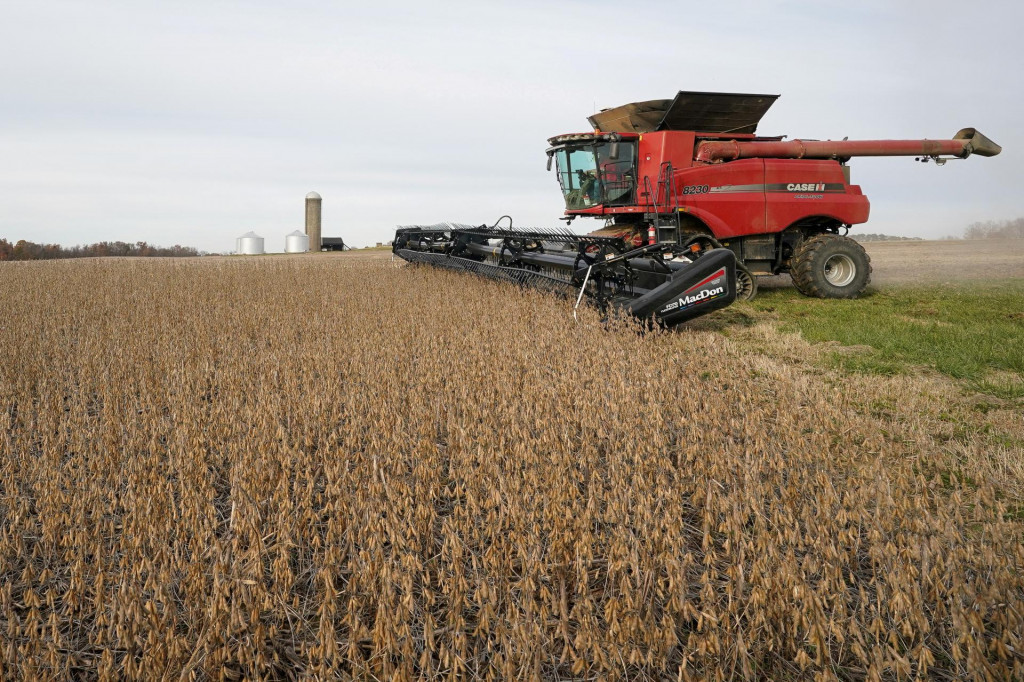 FILE PHOTO: Soybeans are harvested from a field on Hodgen Farm in Roachdale, Indiana, U.S. November 8, 2019. Picture taken November 8, 2019. REUTERS/Bryan Woolston/File Photo FOTO: Bryan Woolston