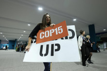 Aktivista nesie transparenty počas konferencie OSN o zmene klímy COP29 v Baku. FOTO: Reuters