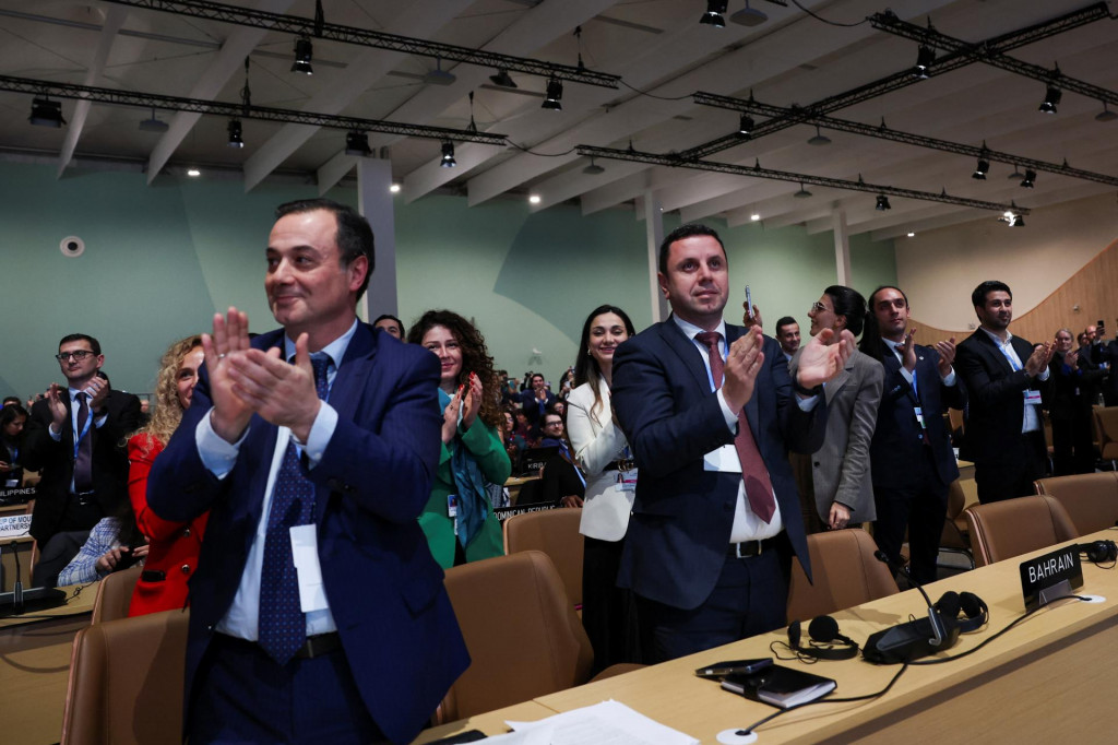 Delegáti tlieskajú počas záverečného plenárneho zasadnutia na konferencii OSN o zmene klímy COP29 v Baku. FOTO: Reuters