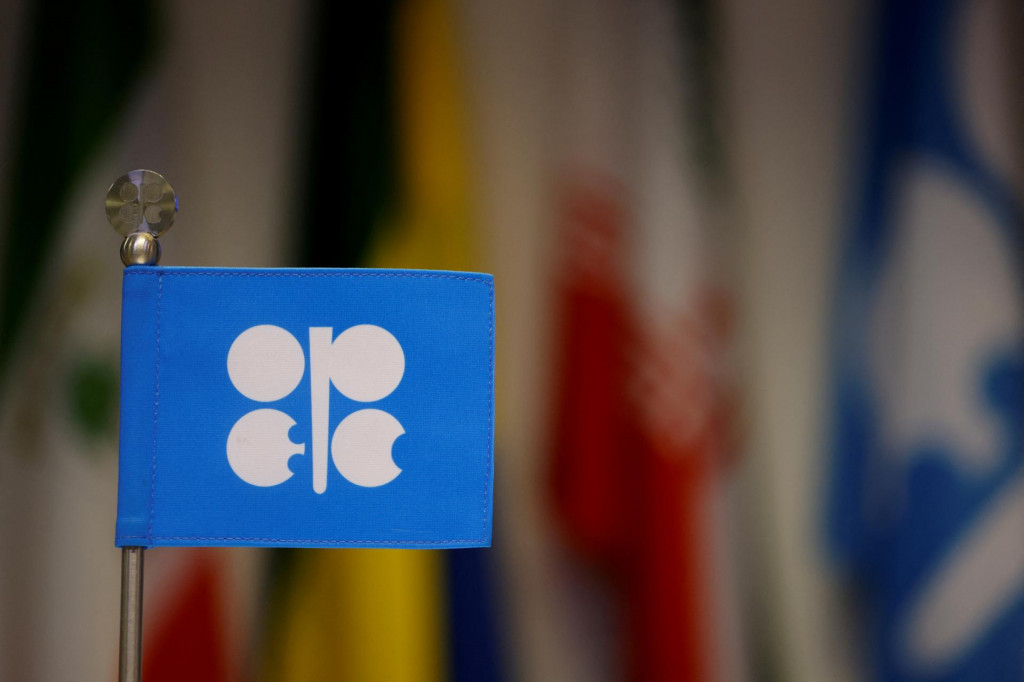 Vlajka OPEC je vidieť v deň stretnutia OPEC+ vo Viedni. FOTO: Reutes