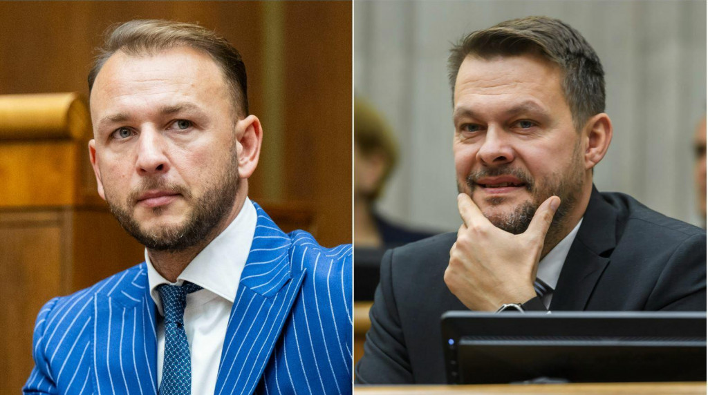 &Scaron;tyria poslanci okolo Samuela Migaľa usporiadali tlačov&uacute; konferenciu z vlastnej iniciat&iacute;vy. FOTO: TASR/J. Kotian, TASR/J. Nov&aacute;k