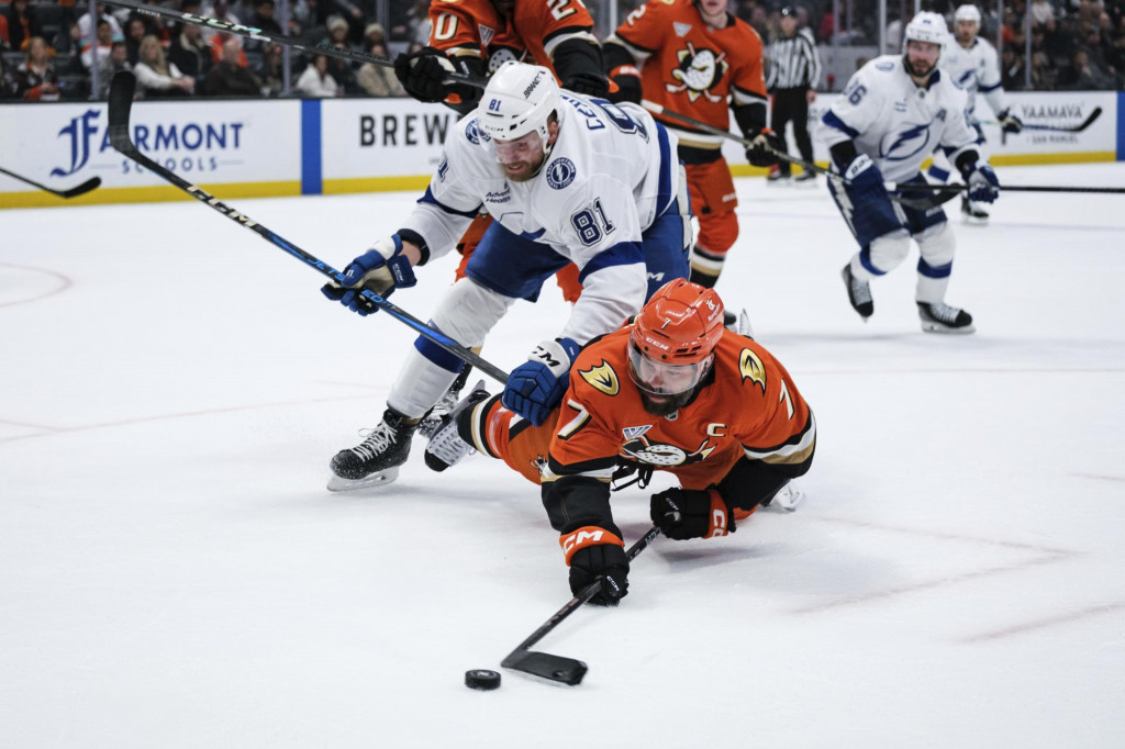 Slovenský hokejista v drese Tampy Erik Černák a hráč Anaheimu Ducks Radko Gudas počas zápasu zámorskej NHL Anaheim Ducks - Tampa Bay Lightning v Anaheime. FOTO: TASR/AP