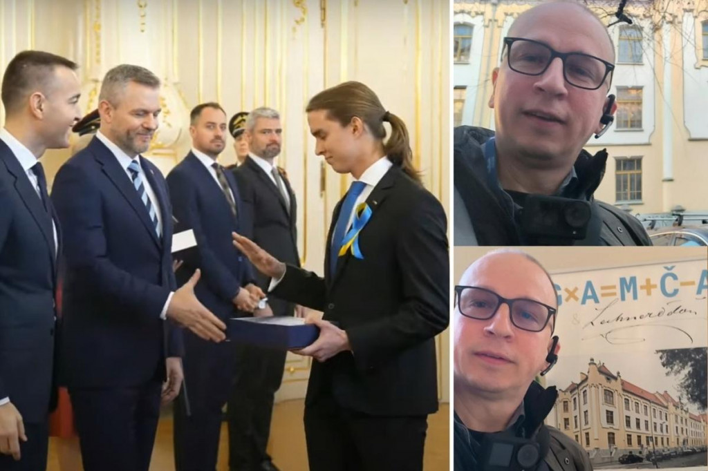 Študent Simon Omaník na odovzdávaní cien. A kontroverzný youtuber pred jeho školou. FOTO: Koláž Hn/fb, Youtube