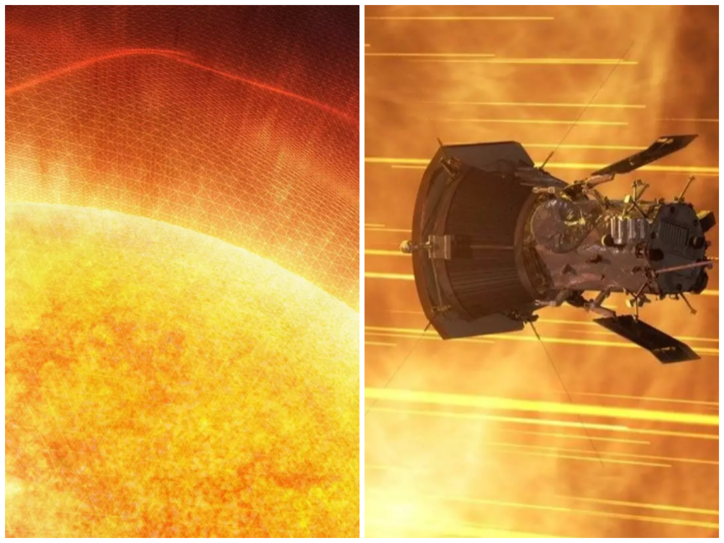 Tento konceptuálny obrázok zobrazuje sondu Parker Solar Probe, ktorá sa práve chystá preletieť cez vonkajšiu vrstvu slnečnej koróny.