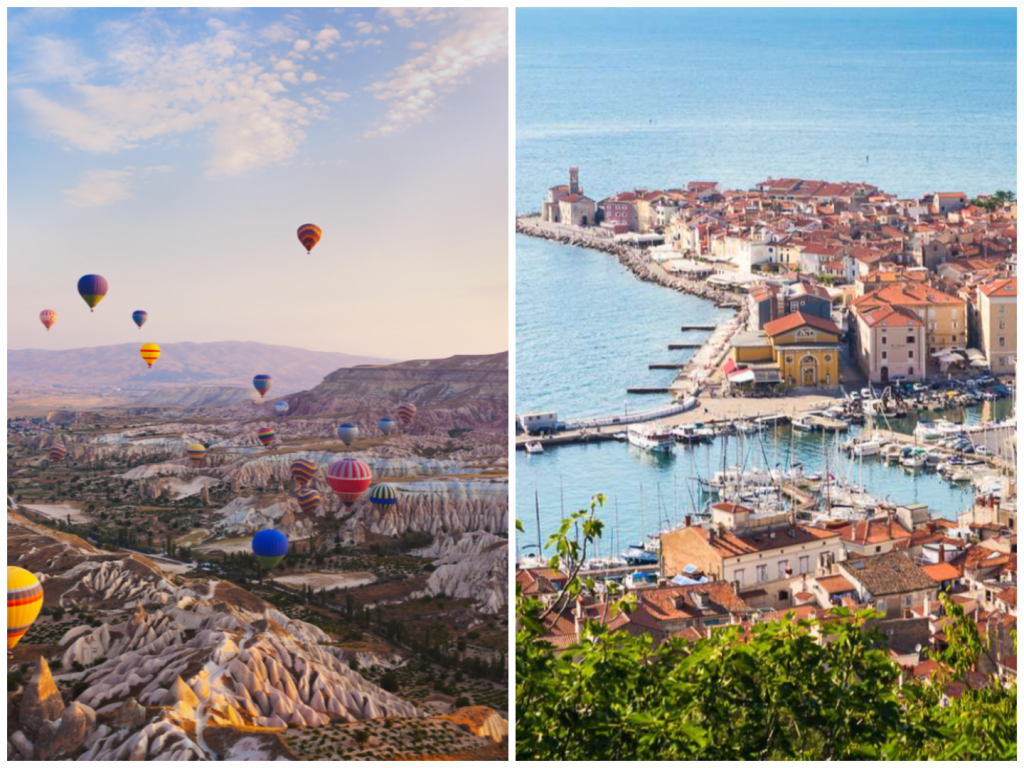 Cappadocia, Turecko a Piran, Slovinsko.