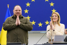Predseda ukrajinského parlamentu Ruslan Stefančuk a predsedníčka Európskeho parlamentu Roberta Metsolová. FOTO: X/Roberta Metsola