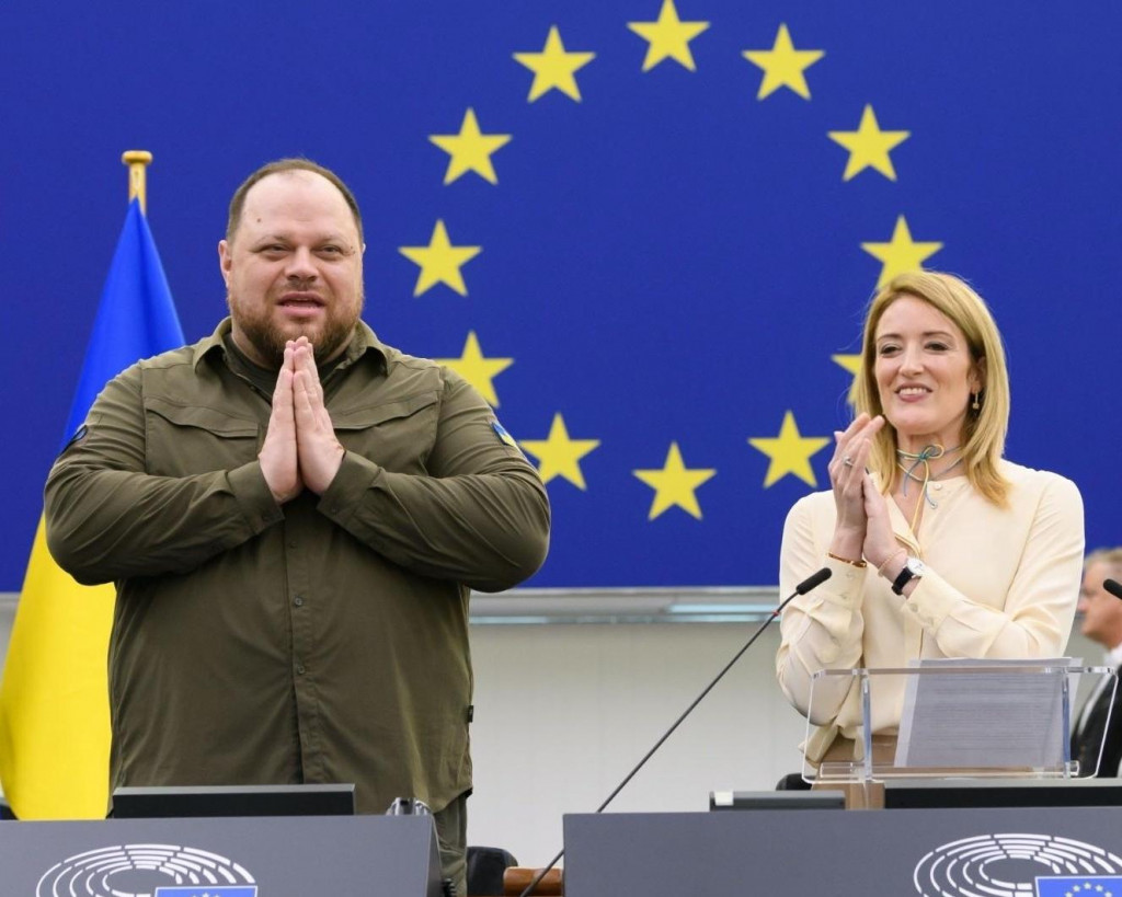 Predseda ukrajinského parlamentu Ruslan Stefančuk a predsedníčka Európskeho parlamentu Roberta Metsolová. FOTO: X/Roberta Metsola