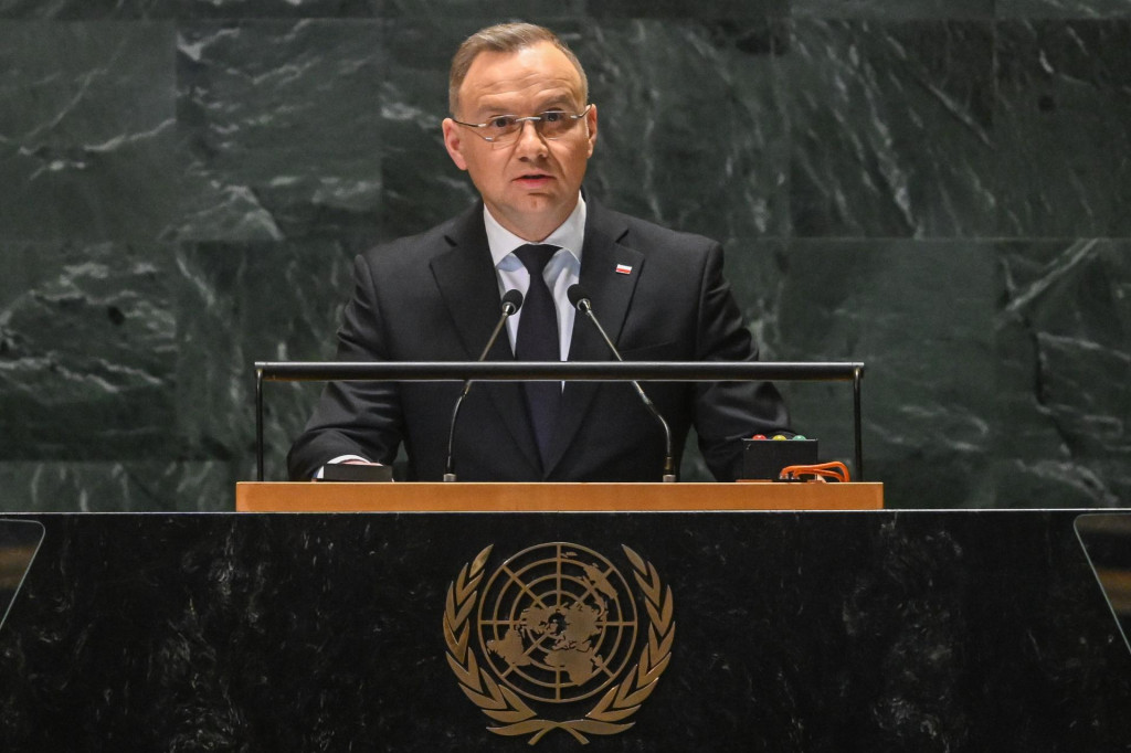 Na snímke poľský prezident Andrzej Duda reční počas jeho prejavu na Valnom zhromaždení OSN v New Yorku 4. marca 2025. FOTO: TASR/PAP