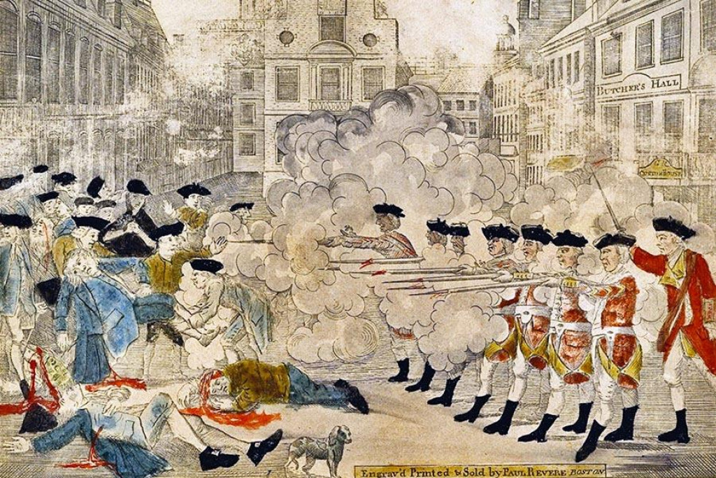 Súdobá rytina zobrazujúca masaker v Bostone v marci 1770.