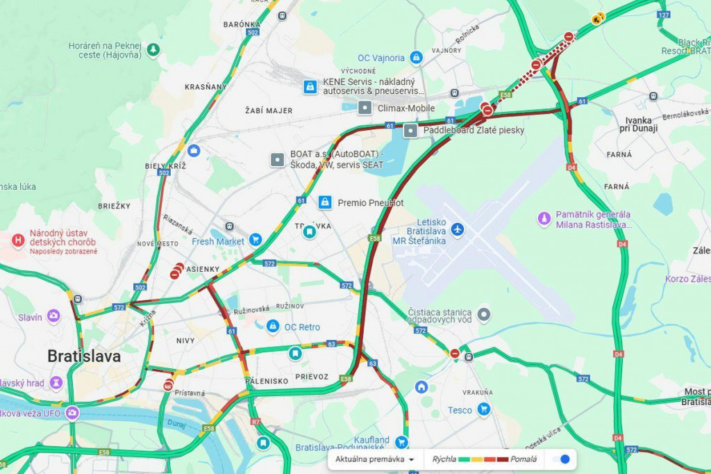 Dopravná situácia v Bratislave v stredu pred 16:00. FOTO: Maps Google