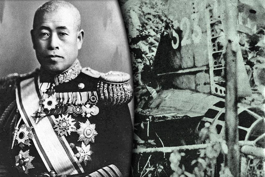 Japonský admirál Isoroku Jamamoto (1884 - 1943) a vrak lietadla, v ktorom zahynul.