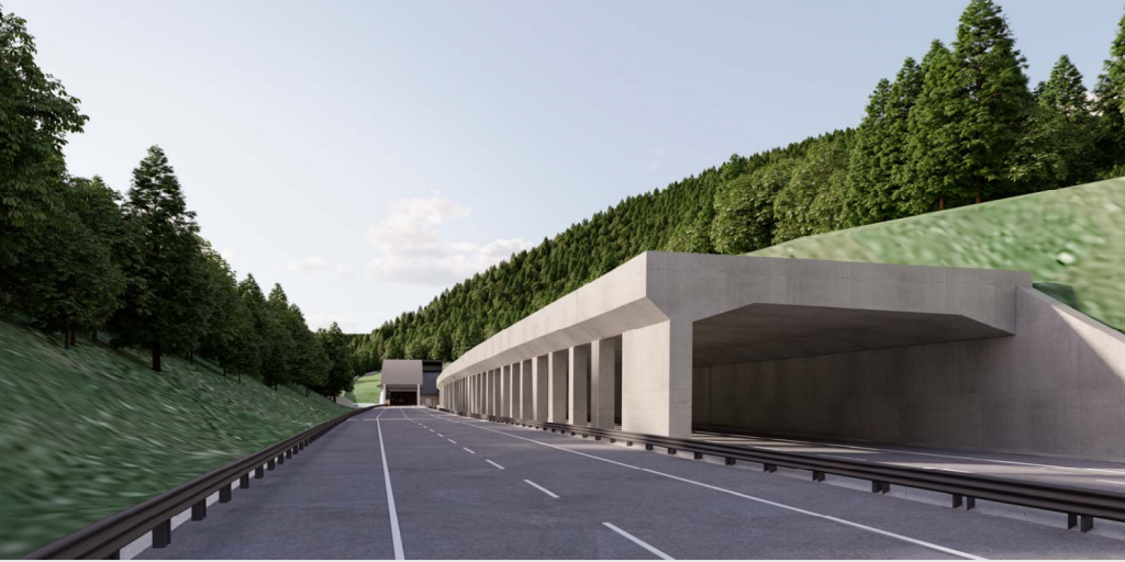 Vizualizácia východného portálu tunela aj so stabilizačným opatrením, takzvanou galériou. FOTO: NDS, Tarosi