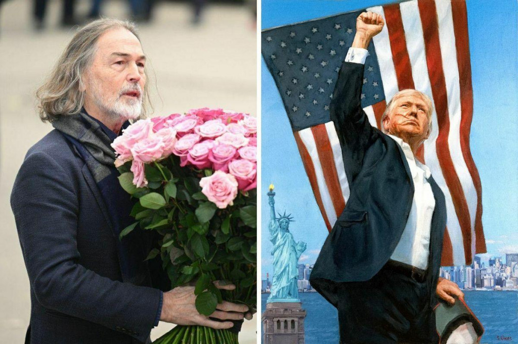 Autor Trumpovho portrétu Nikas Safronov so svojím dielom. FOTO: Koláž Profimedia/Nikas Safronov