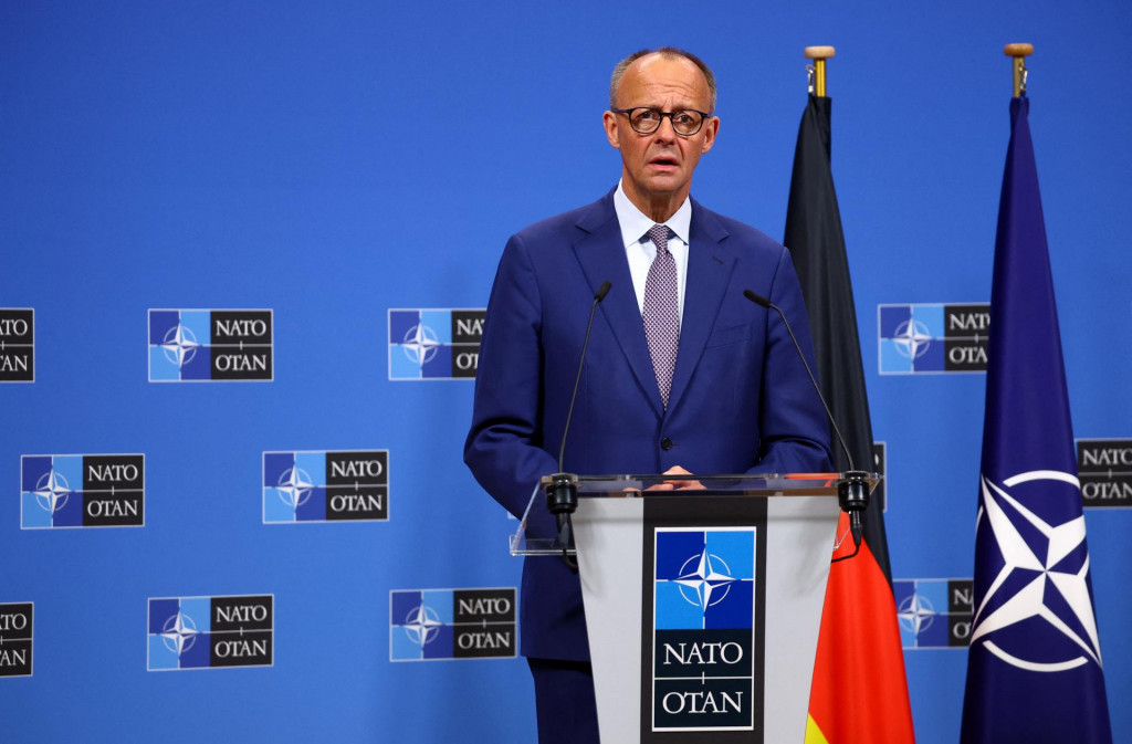 German Chancellor Friedrich Merz attends a press conference with NATO Secretary General Mark Rutte at the alliance‘s headquarters in Brussels, Belgium, May 9, 2025. REUTERS/Piroschka van de Wouw FOTO: Piroschka Van De Wouw