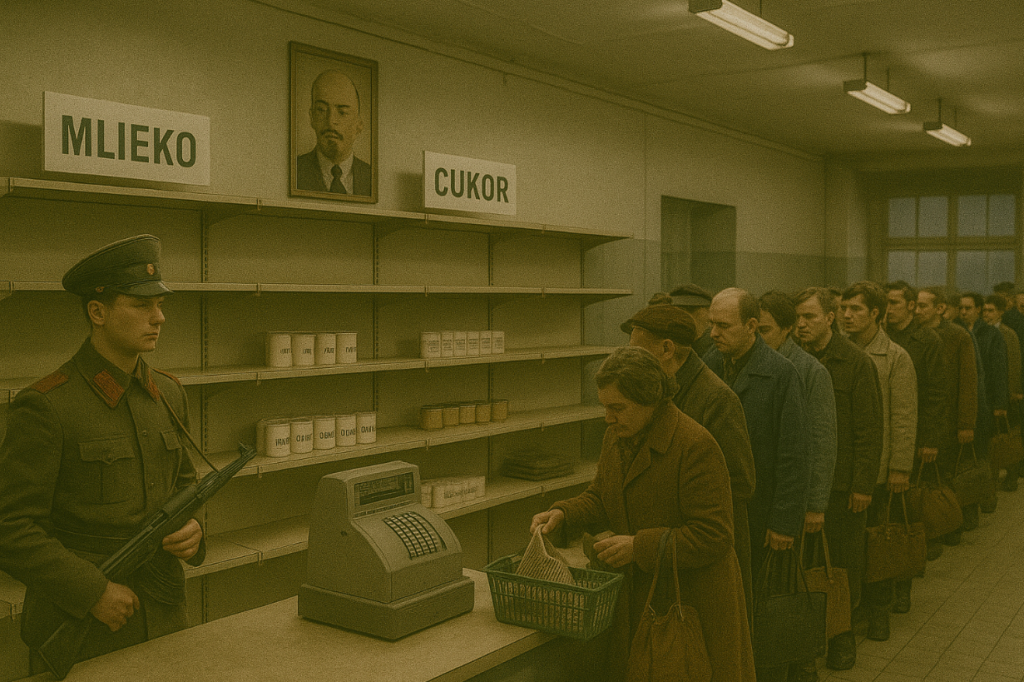 Socialistický obchod - Holé regály, dlhé rady na toaletný papier či maslo.