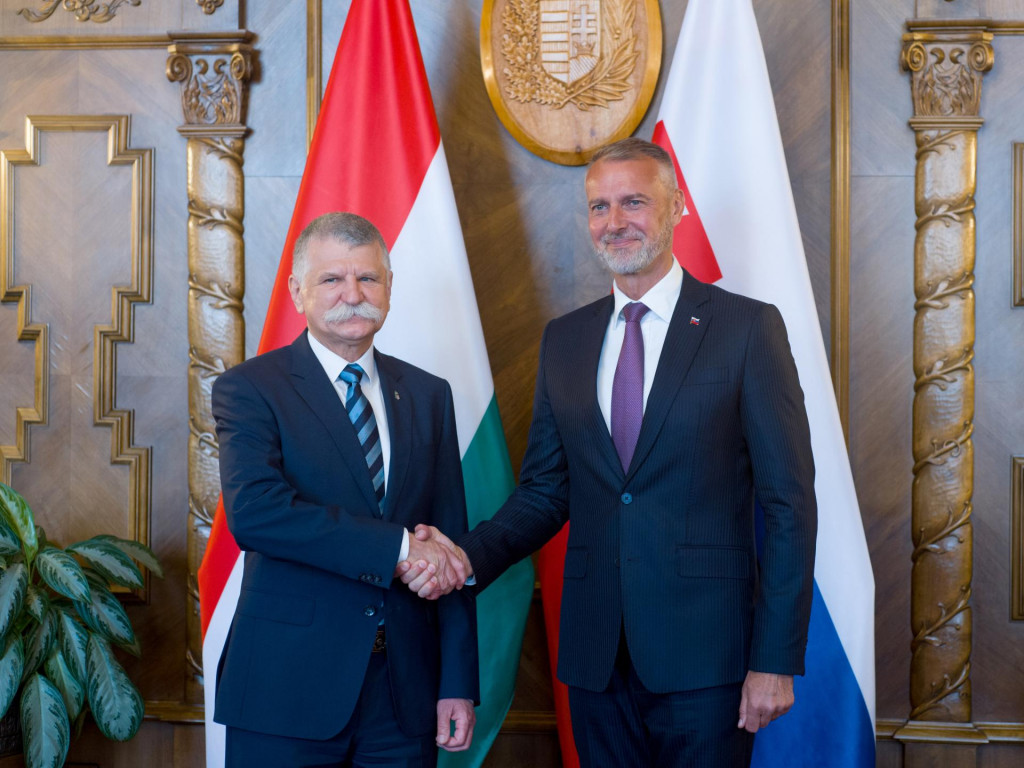 Predseda slovenskej Národnej rady Richard Raši a predseda maďarského Národného zhromaždenia László Kövér počas stretnutia v Budapešti. FOTO: TASR/Ladislav Vallach