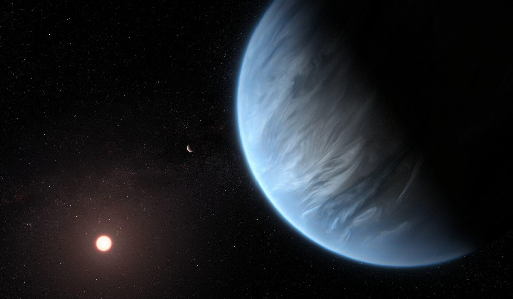 Umelecké stvárnenie exoplanéty K2-18b pri jej hviezde.