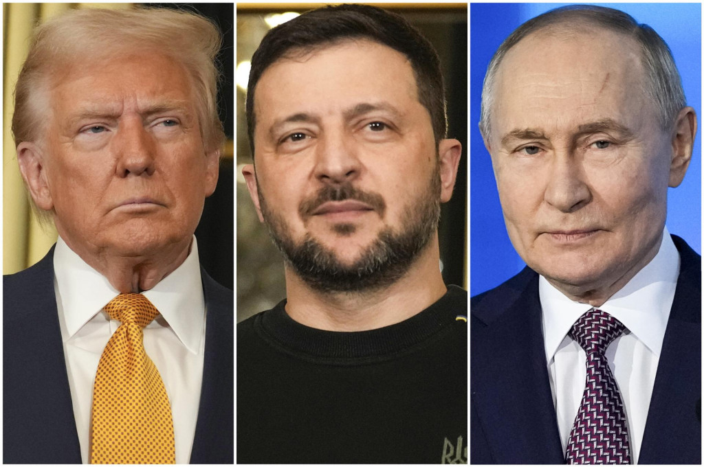 Americký prezident Donald Trump, ukrajinský prezident Volodymyr Zelenskyj a ruský prezident Vladimir Putin. FOTO: TASR/AP