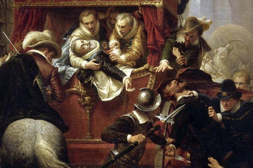 Atentát na francúzskeho kráľa Henricha IV. a zadržanie jeho vraha Françoisa Ravaillaca, ako ho na olejomaľbe stvárnil o dve storočia neskôr Charles-Gustave Housez.