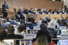 Generálny riaditeľ Svetovej zdravotníckej organizácie (WHO) Tedros Adhanom Ghebreyesus vystupuje s príhovorom počas otvorenia 78. zasadnutia Svetového zdravotníckeho zhromaždenia (WHA) v Ženeve. FOTO TASR/AP