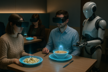 Futuristická slovenská jedáleň: Hostia jedia cez VR okuliare a vychutnávajú si holografické špeciality. Robotický čašník servíruje kapsulové šúľance.
