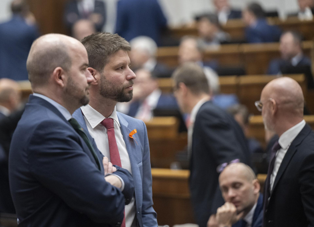 Na snímke poslanci parlamentu zľava Martin Dubéci a Michal Šimečka (obaja PS). FOTO: TASR/Martin Baumann