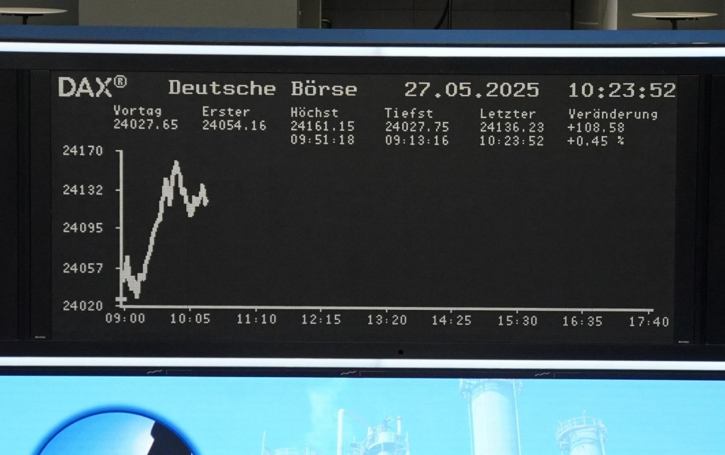 Graf nemeckého akciového indexu DAX je zobrazený na burze cenných papierov vo Frankfurte v Nemecku 27. mája 2025. FOTO: REUTERS