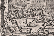 Dobová rytina zobrazujúca verejnú popravu Françoisa Ravaillaca, ktorý v máji 1610 zavraždil francúzskeho kráľa Henricha IV.. Musel podstúpiť mimoriadne kruté formy mučenia a nakoniec jeho telo roztrhli pomocou koní na štyri časti.