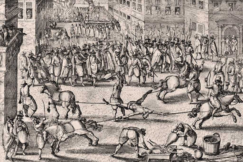 Dobová rytina zobrazujúca verejnú popravu Françoisa Ravaillaca, ktorý v máji 1610 zavraždil francúzskeho kráľa Henricha IV.. Musel podstúpiť mimoriadne kruté formy mučenia a nakoniec jeho telo roztrhli pomocou koní na štyri časti.