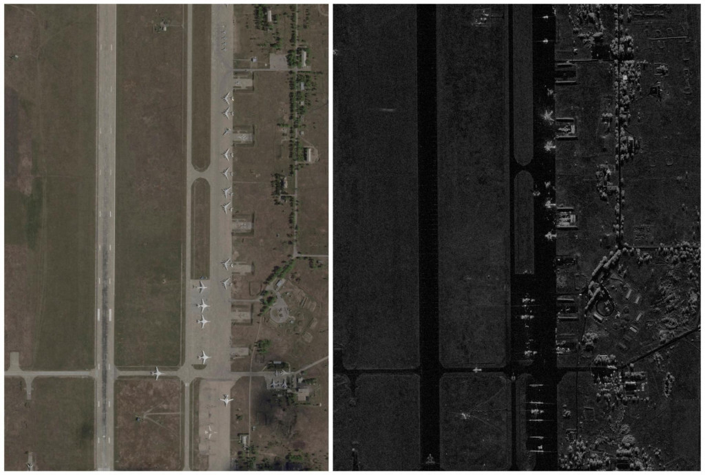Kombinovaný obrázok zobrazuje satelitné snímky letiska Belaya pred a po útoku ukrajinských dronov namierených na ruské vojenské letiská. FOTO: 2025 Planet Labs PBC, Capella Sp