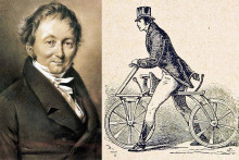 Karl Drais (1785 – 1851) a jedna z dobových ilustrácií jazdca na jeho „behacom stroji“.