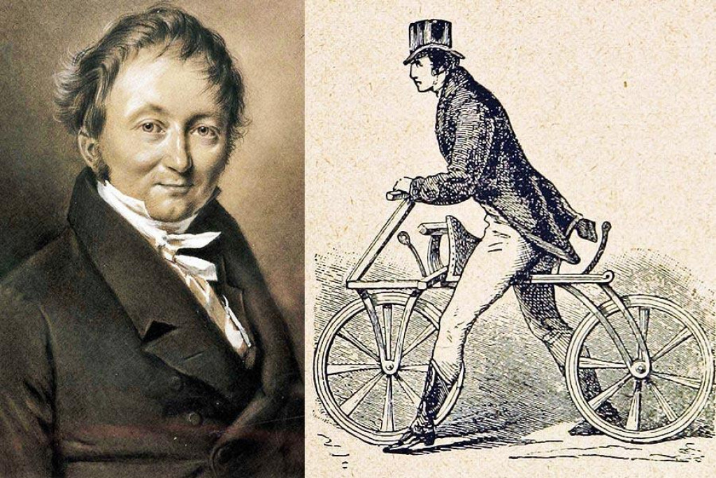 Karl Drais (1785 – 1851) a jedna z dobových ilustrácií jazdca na jeho „behacom stroji“.