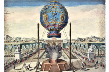 Dobová ilustrácia zachytávajúca teplovzdušný balón bratov Montgolfierovcov, vzlietajúci v októbri 1783 zo záhrad vo Versailles.