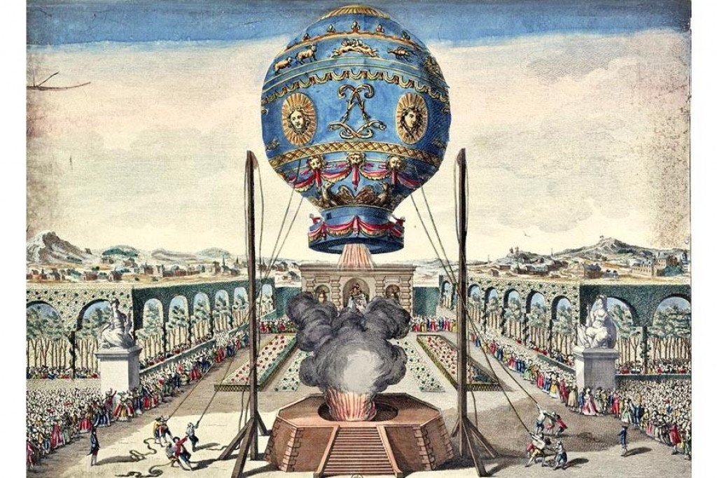 Dobová ilustrácia zachytávajúca teplovzdušný balón bratov Montgolfierovcov, vzlietajúci v októbri 1783 zo záhrad vo Versailles.