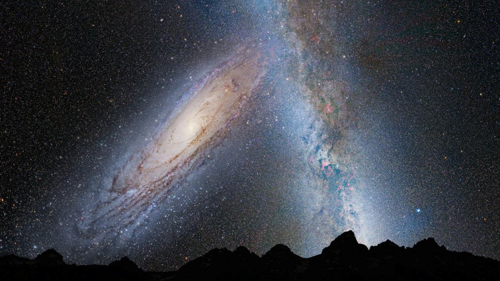 Ilustrácia zobrazuje štádium potenciálneho zlúčenia našej galaxie a susednej galaxie Andromeda.
