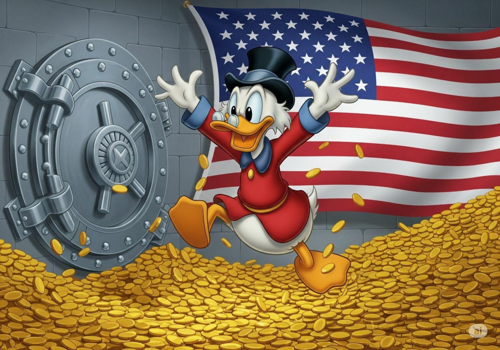 Symbol amerického bohatstva podľa Walta Disneyho - Strýko Držgroš. FOTO: Ilustrácia Gemini AI/Google