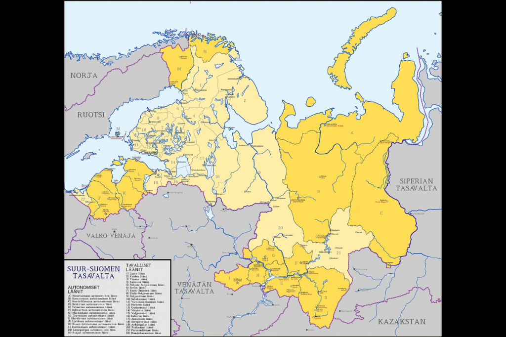 Fiktívna mapa, ktorú v roku 2014 vytvoril fínsky študent Arttu Rintanen, sa tento rok objavila v ruskom propagandistickom dokumente. MAPA: X/Arttu Rintanen